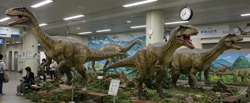 Descubra a Estação Fukui Dinossauros, o portal para o Reino dos Dinossauros do Japão, com animatrônicos, murais e o famoso museu. Uma aventura pré-histórica espera por você!