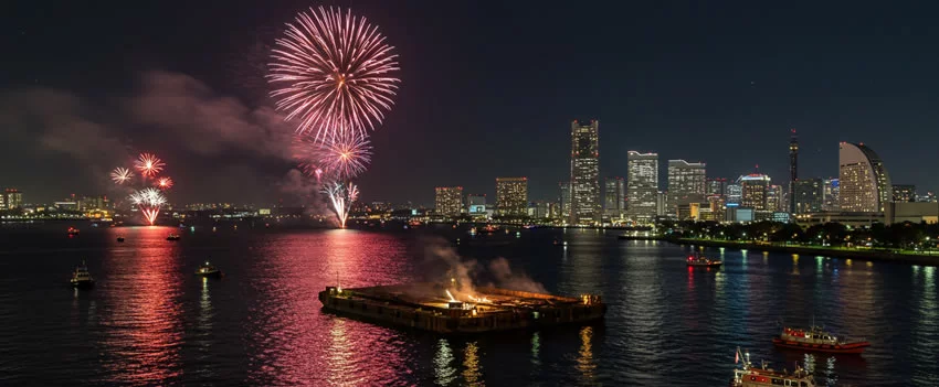 Um incêndio durante o festival de fogos de artifício Minato Mirai em Yokohama levou ao resgate de cinco trabalhadores de uma barcaça.
