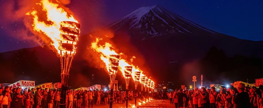 Descubra o Yoshida no Himatsuri, o tradicional festival de fogo com mais de 450 anos de história que encerra a temporada de escalada no Monte Fuji.