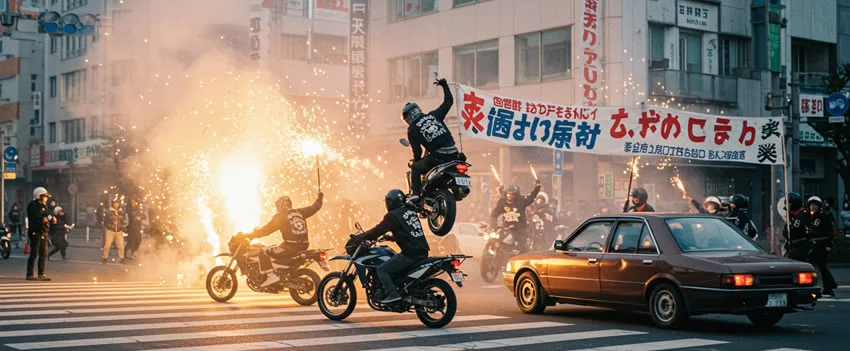 Motociclistas agitam Hakodate com manobras perigosas e fogos de artifício, desafiando a segurança no trânsito e a polícia local.